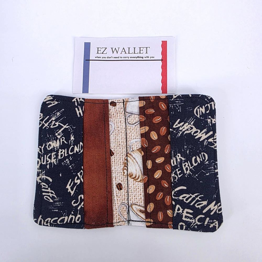 EZ Wallet Coffee Print Fabric Slim Bifold Card Holder Navy Brown Barista Style - Picture 3 of 5